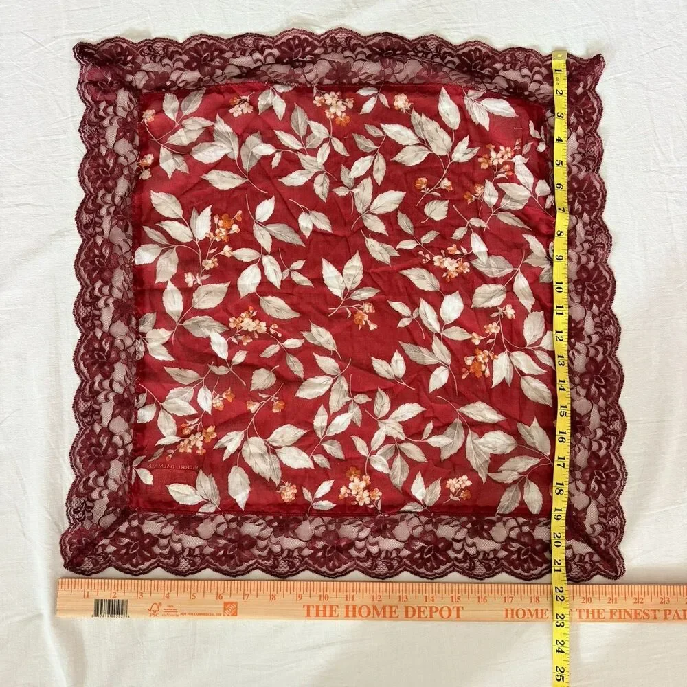 Pierre Balmain Paris Scarf Red Floral Lace Trim Cotton Nylon Vintage Japan Luxe